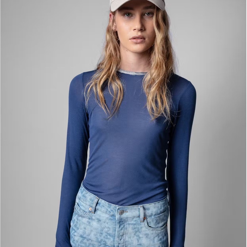 NWOT Zadig & Voltaire Willy Foil T-Shirt Navy Long Sleeve Silver Foil Tee, XS